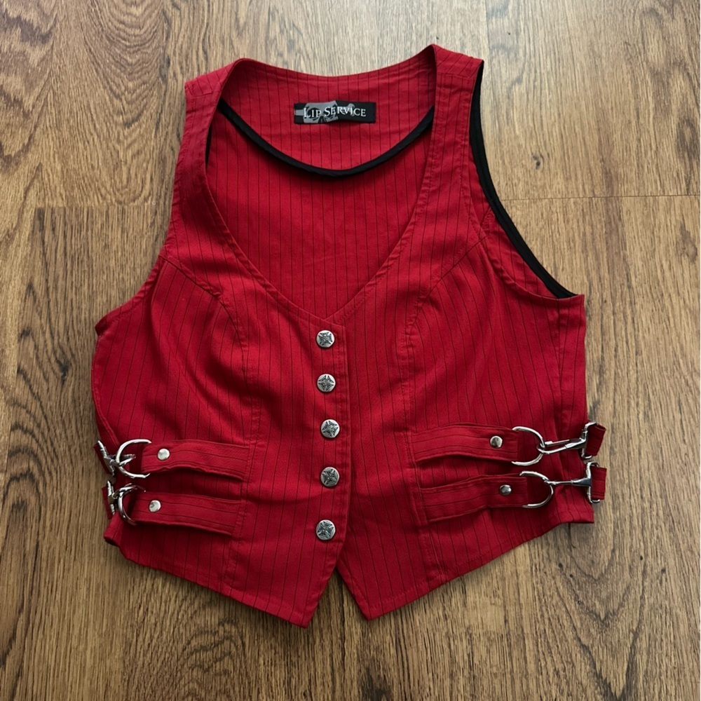 Lip Service Red Striped Vest size medium side buckles FLAWS - Picture 2 of 10